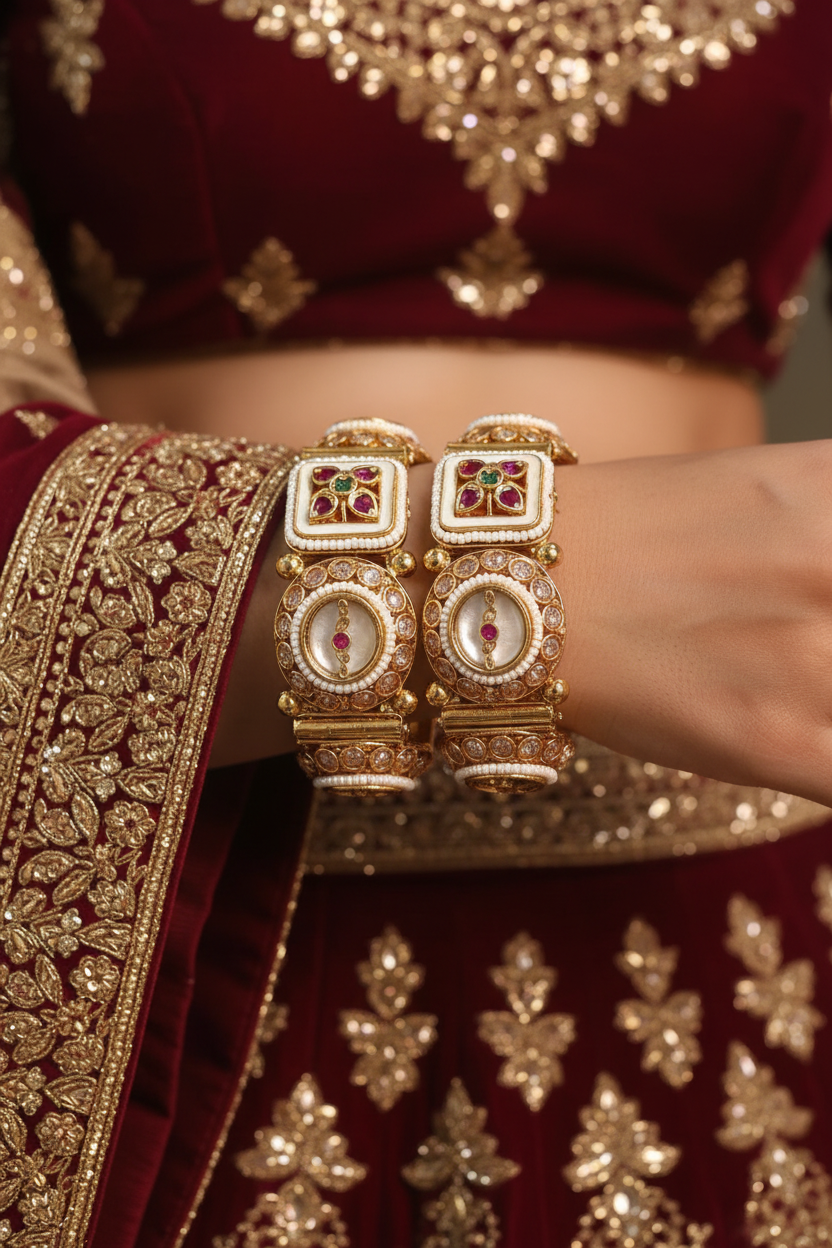 Woman wearing Kundan Pearl Enamel Square and Circle Bangle Pair