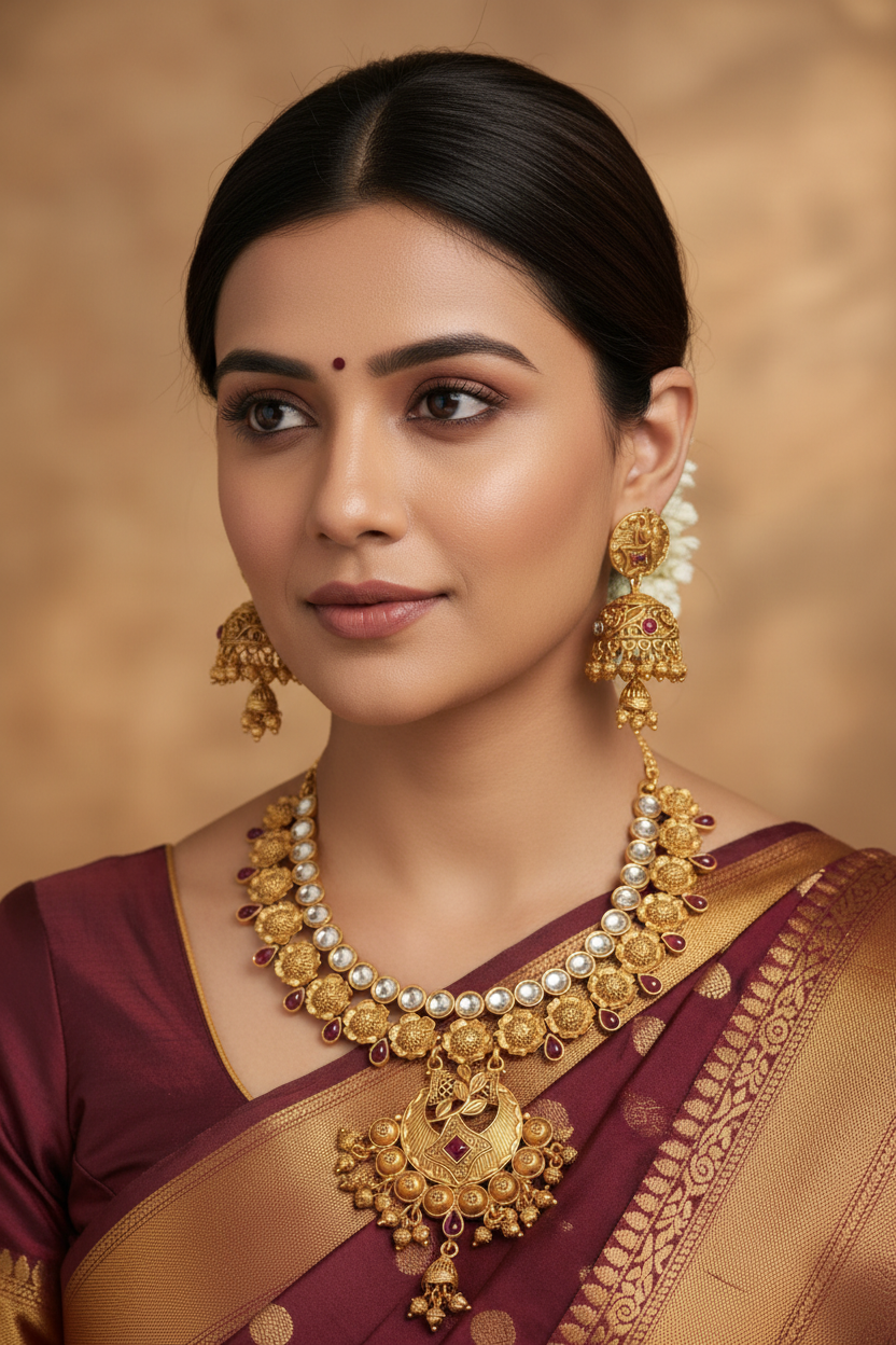 Woman wearing Antique Gold Floral Choker Necklace Set with Dome Jhumka Earrings
