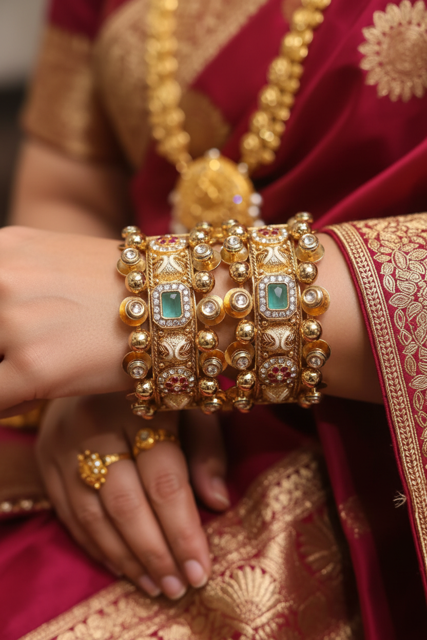 Woman wearing Kundan Emerald and Ruby Stacked Bangle Set of 4