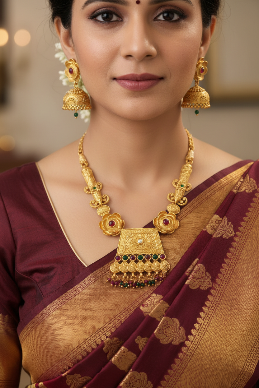 Woman wearing Antique Gold Square Pendant Necklace Set with Jhumka Earrings