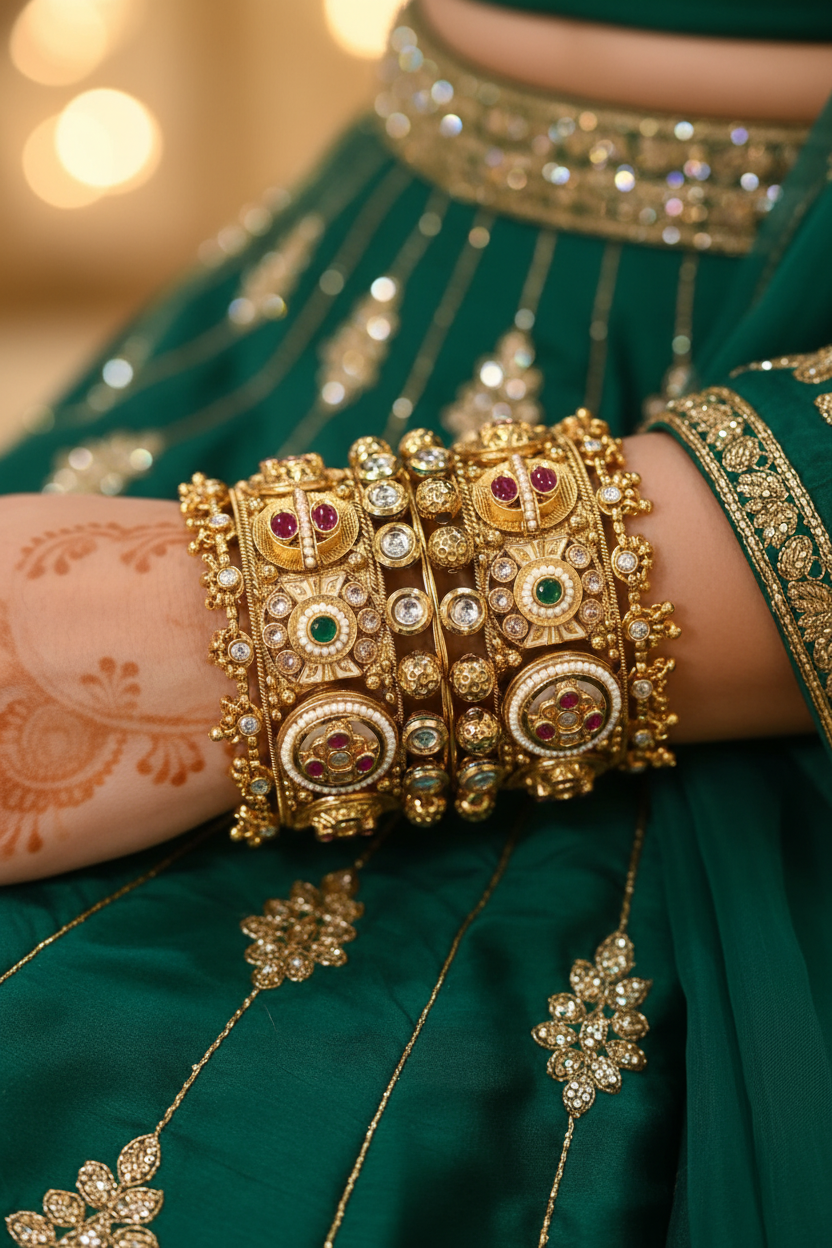 Woman wearing Kundan Polki Dome Bangle Pair