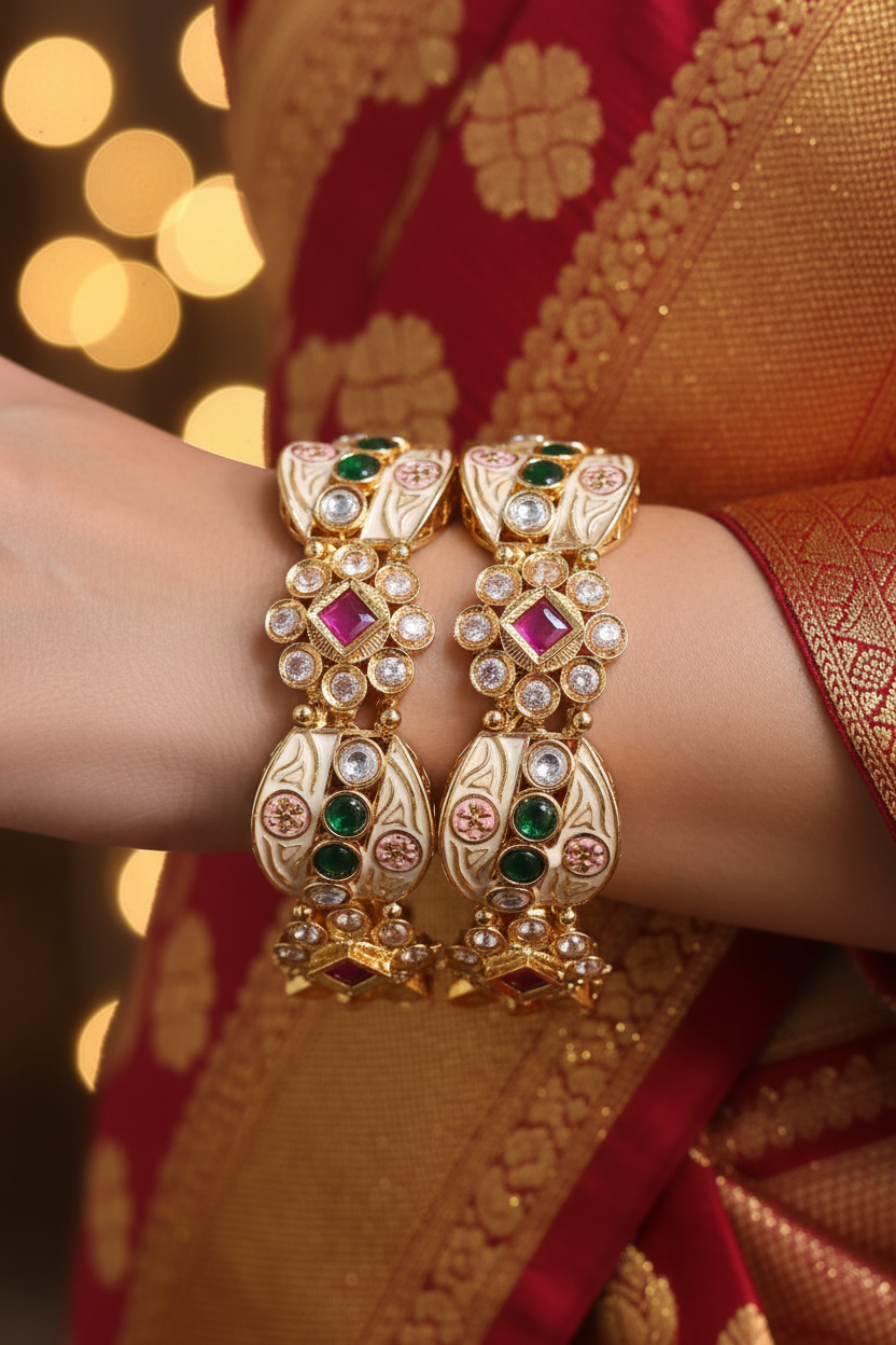 Woman wearing Kundan Meenakari Enamel Drop Bangle Pair