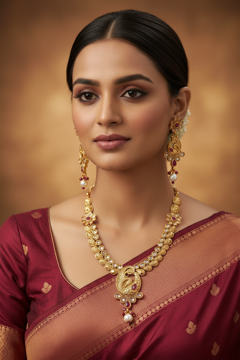 Woman wearing Kundan Peacock Necklace Set with Earrings