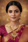 Woman wearing Antique Gold Temple Necklace Set with Jhumka Earrings