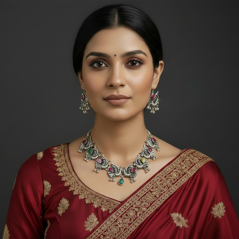 Model with Pink Peacock Earring & Multicolour Necklace