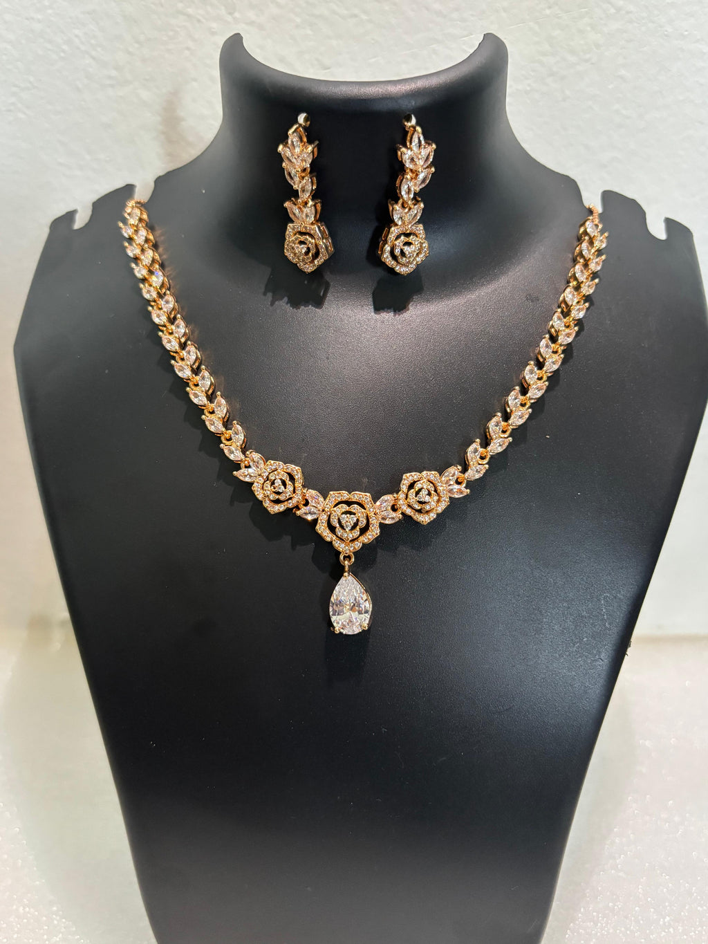 AD CZ Floral Heart Pendant Necklace Set