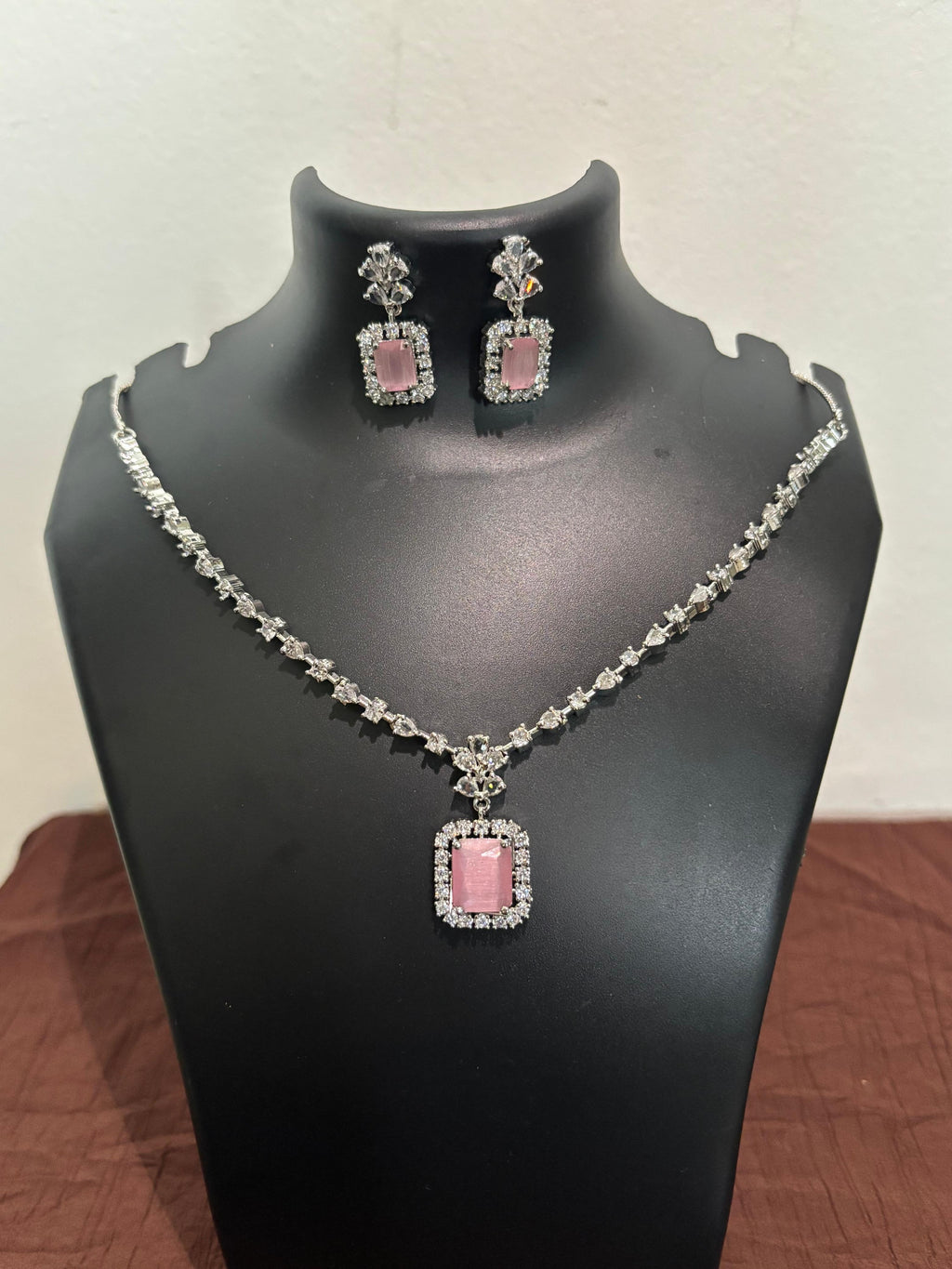 AD Pink Rectangular Pendant Necklace Set